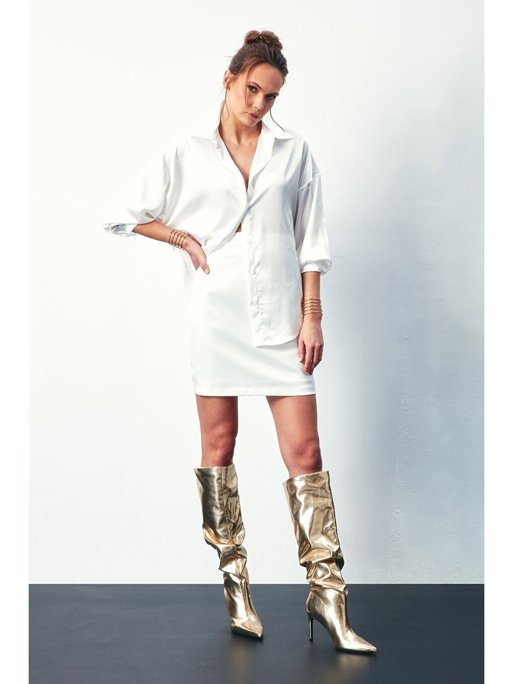 Zincir Desenli Gömlek - Ekru-1