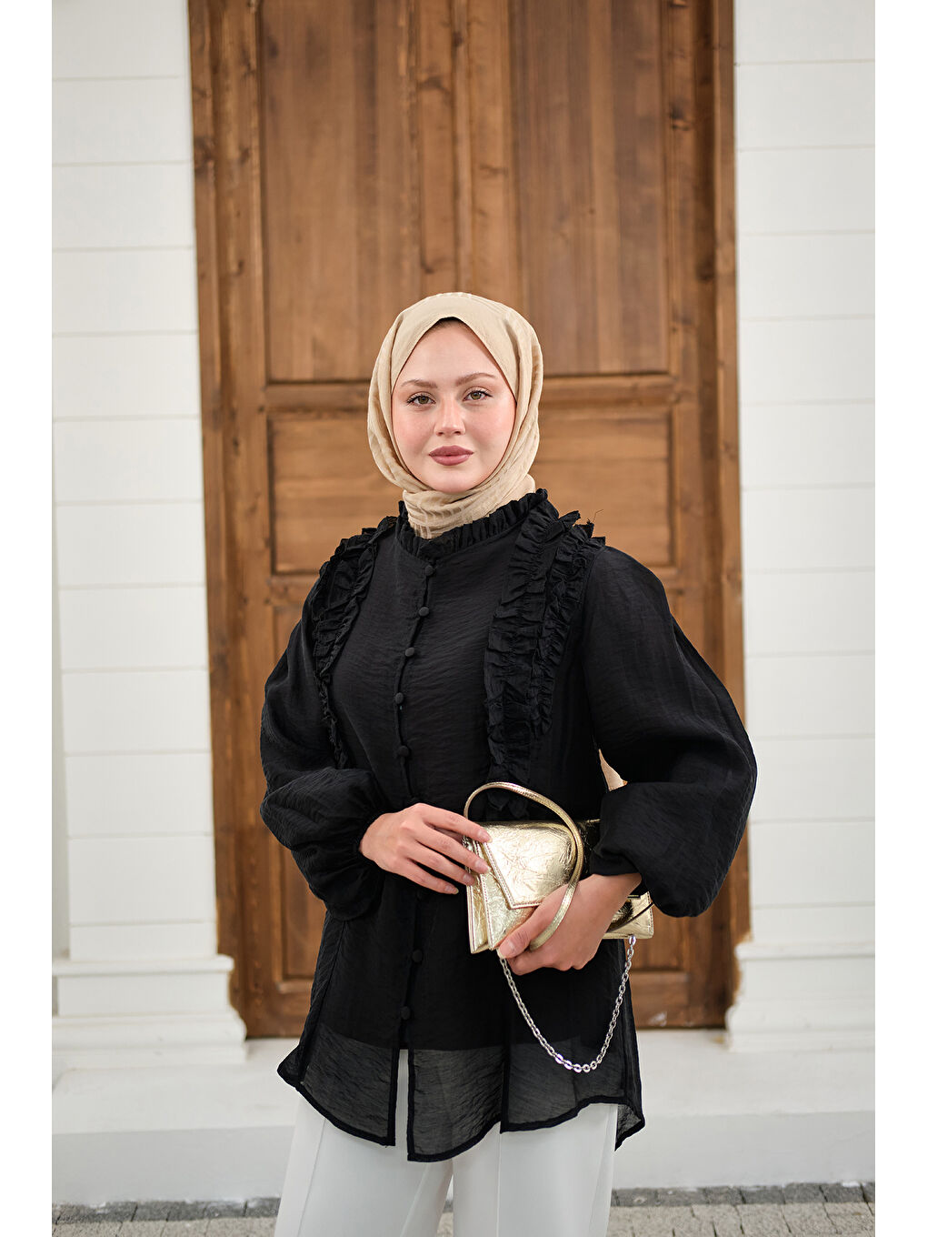 Kadın Yaka Büzgülü Gömlek Siyah-3