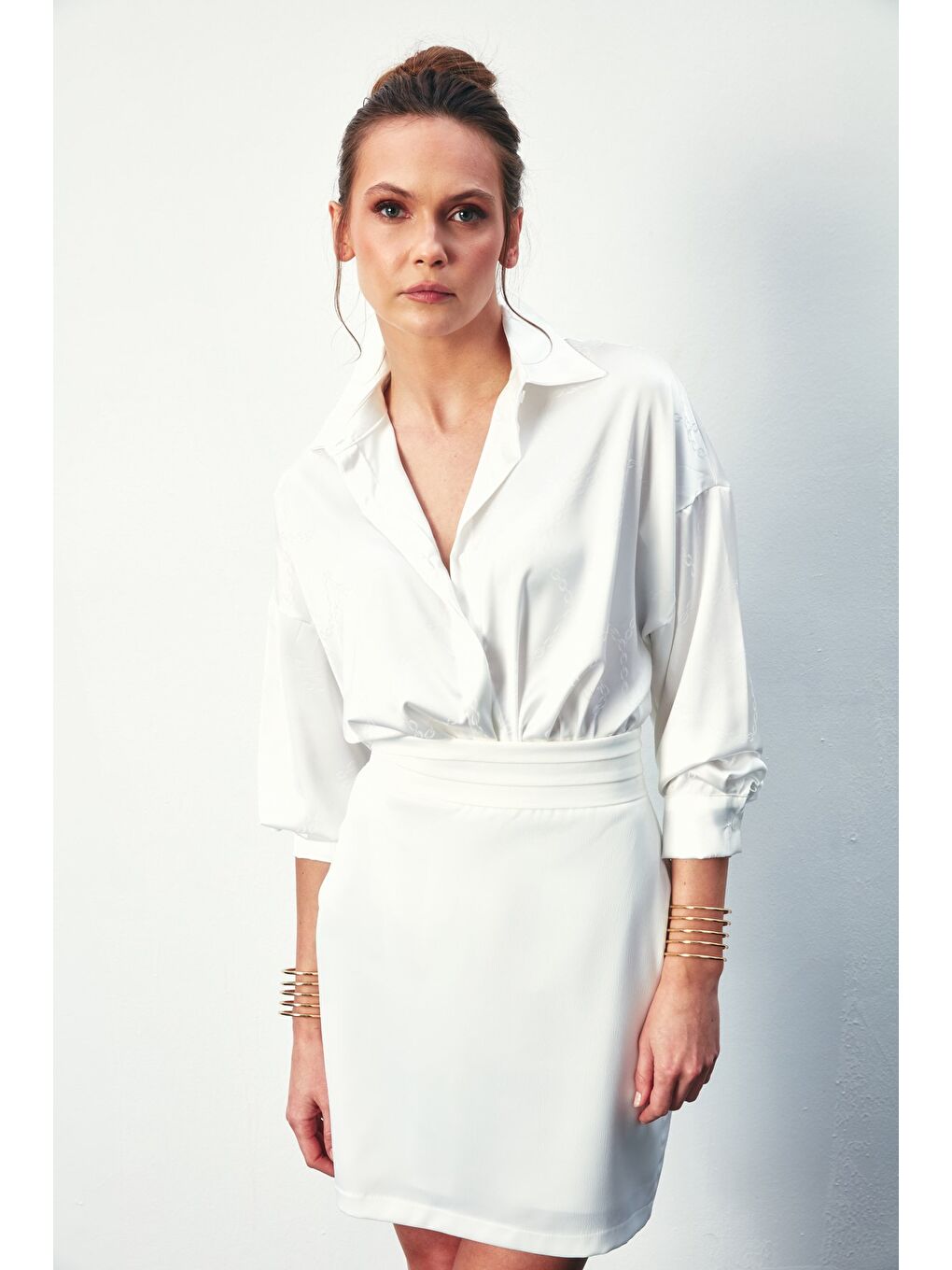 Zincir Desenli Gömlek - Ekru-5