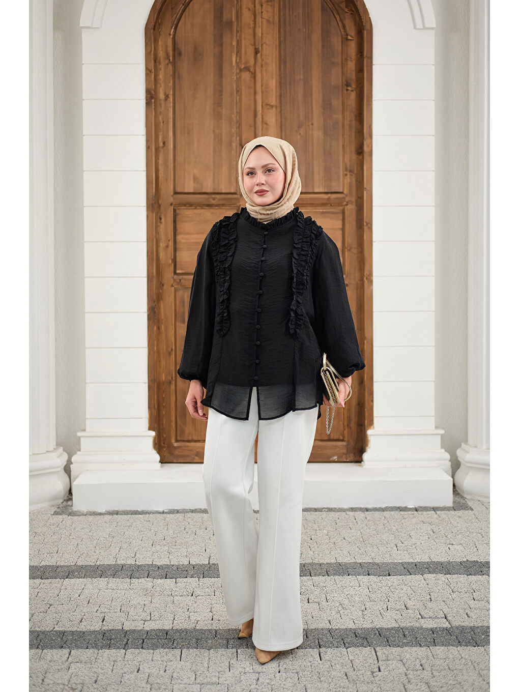 Kadın Yaka Büzgülü Gömlek Siyah-4