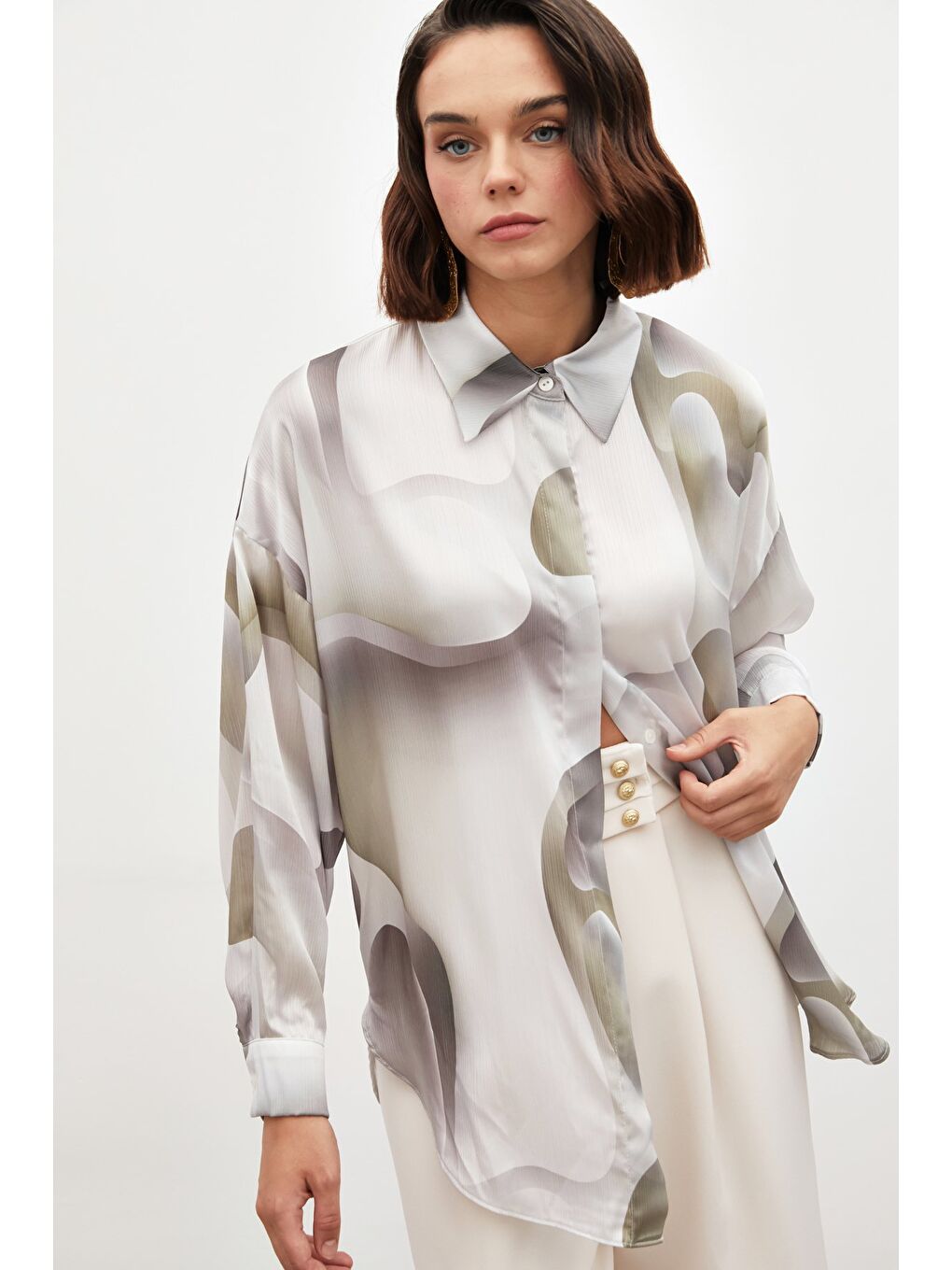 Desenli Salaş Gömlek - Haki-5