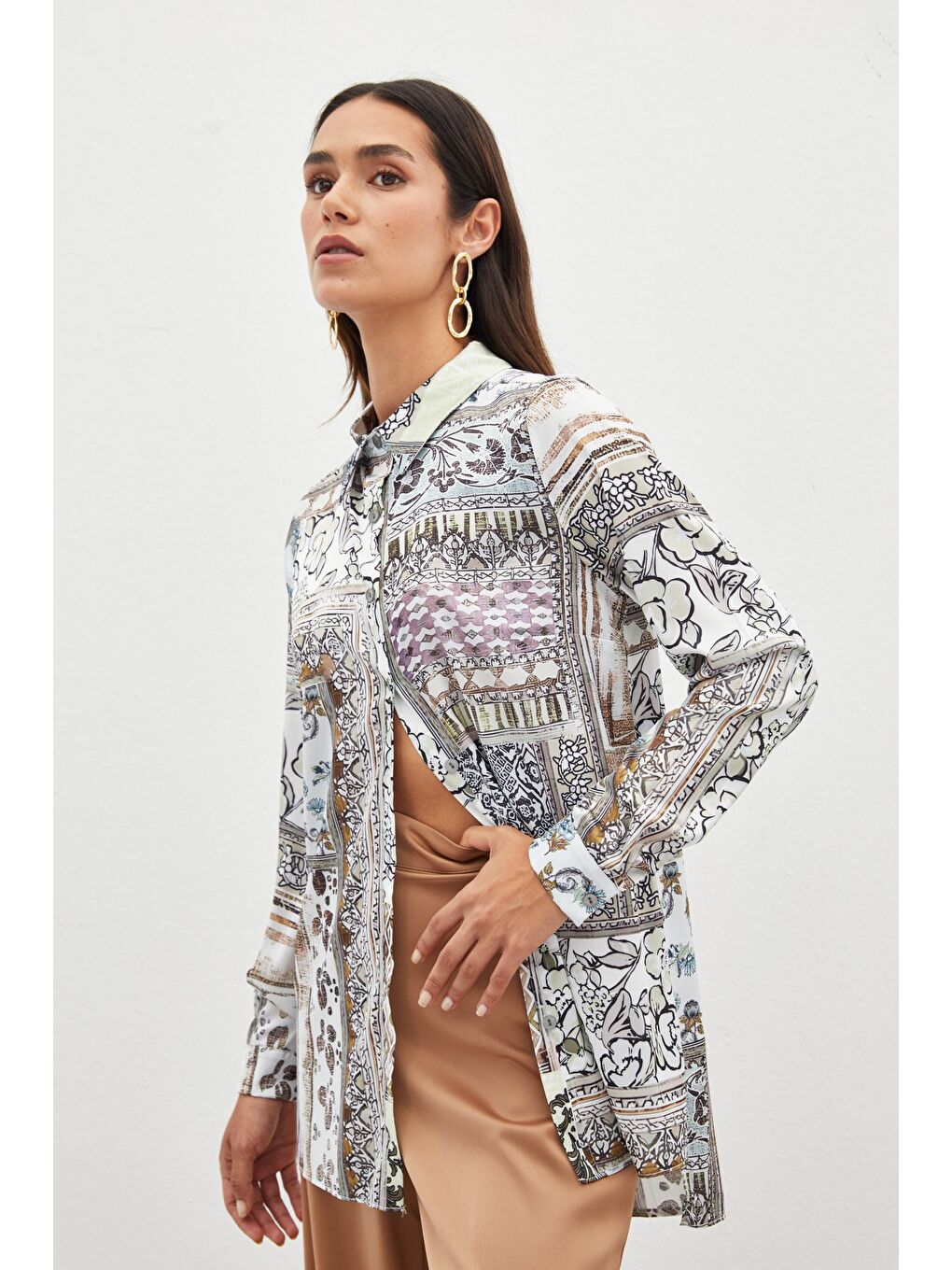 Kahverengi Klasik Desenli Gömlek - Camel-1