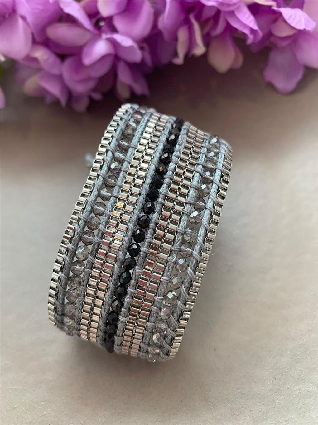 Karışık Füme Siyah El Örmesi Tasarım Bileklik