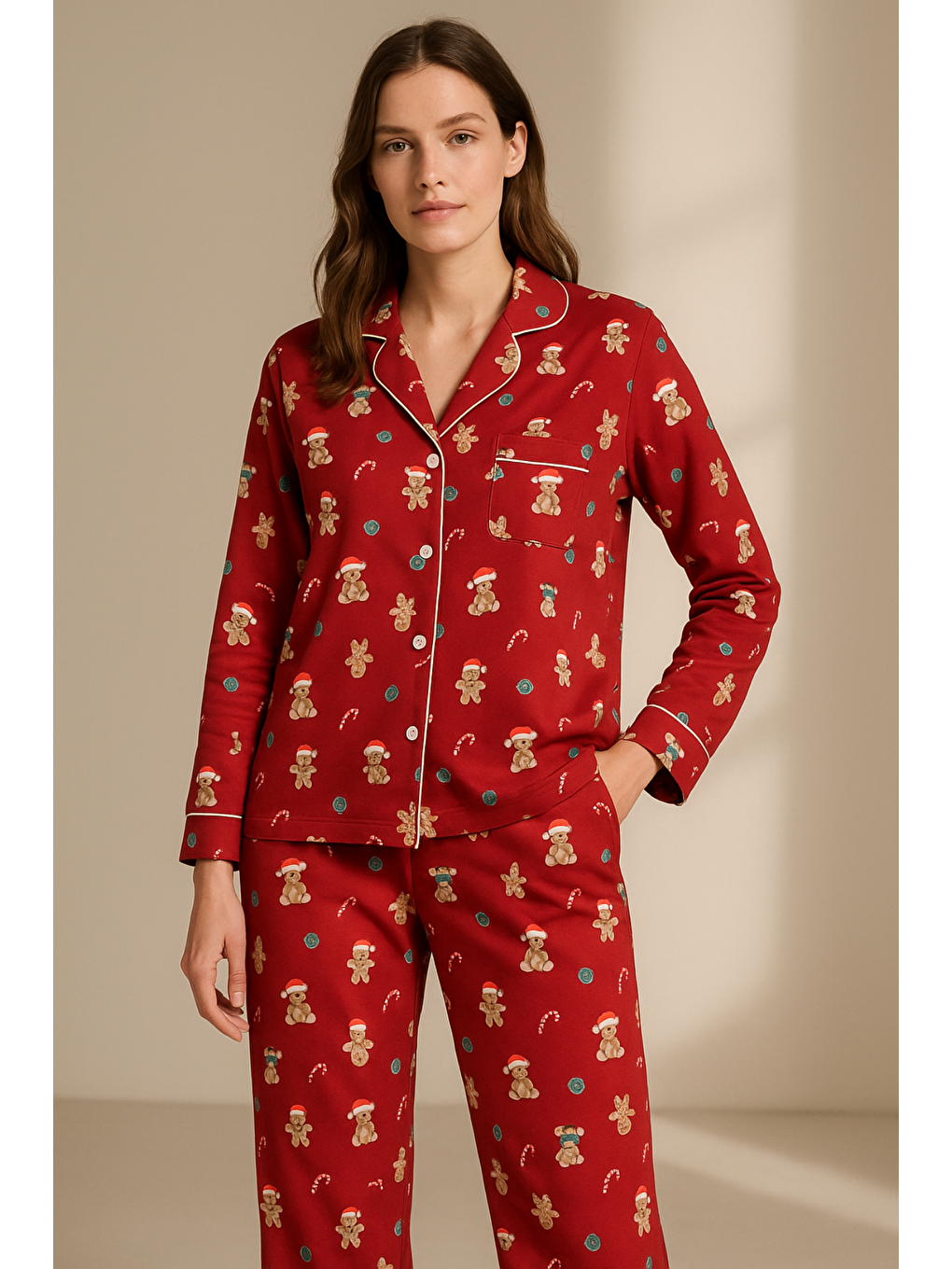 Kadın Teddy Desenli Yılbaşı Temalı Pijama Takımı Kırmızı