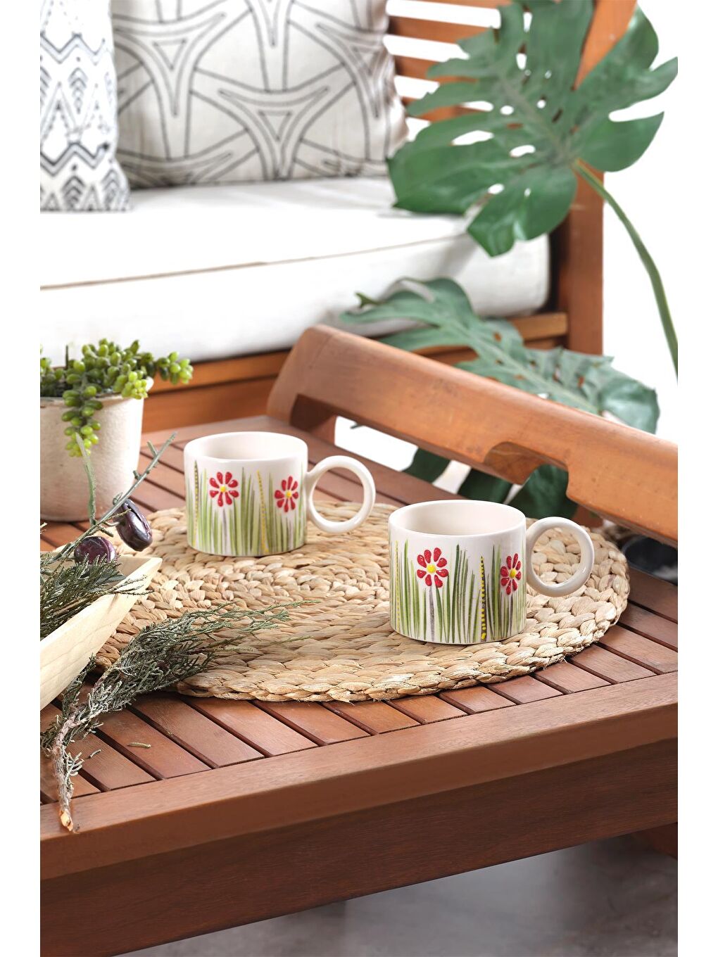 Ekru Flower | 2 Adet Seramik Kupa-1