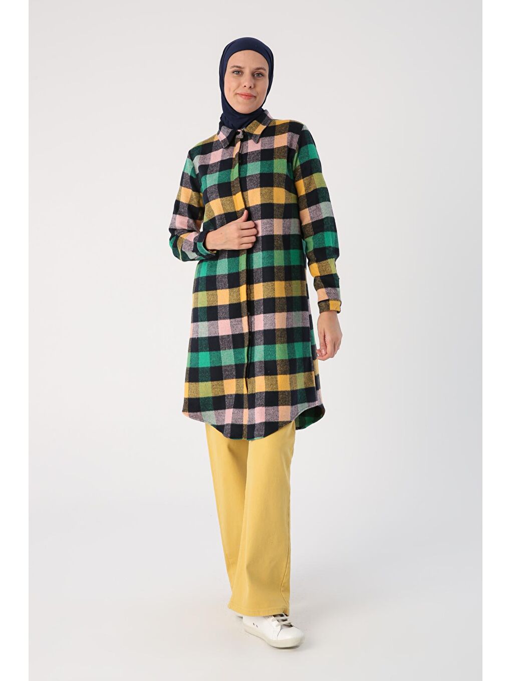 Yeşil-Lacivert Ekoseli Oduncu Gömlek Tunik-1