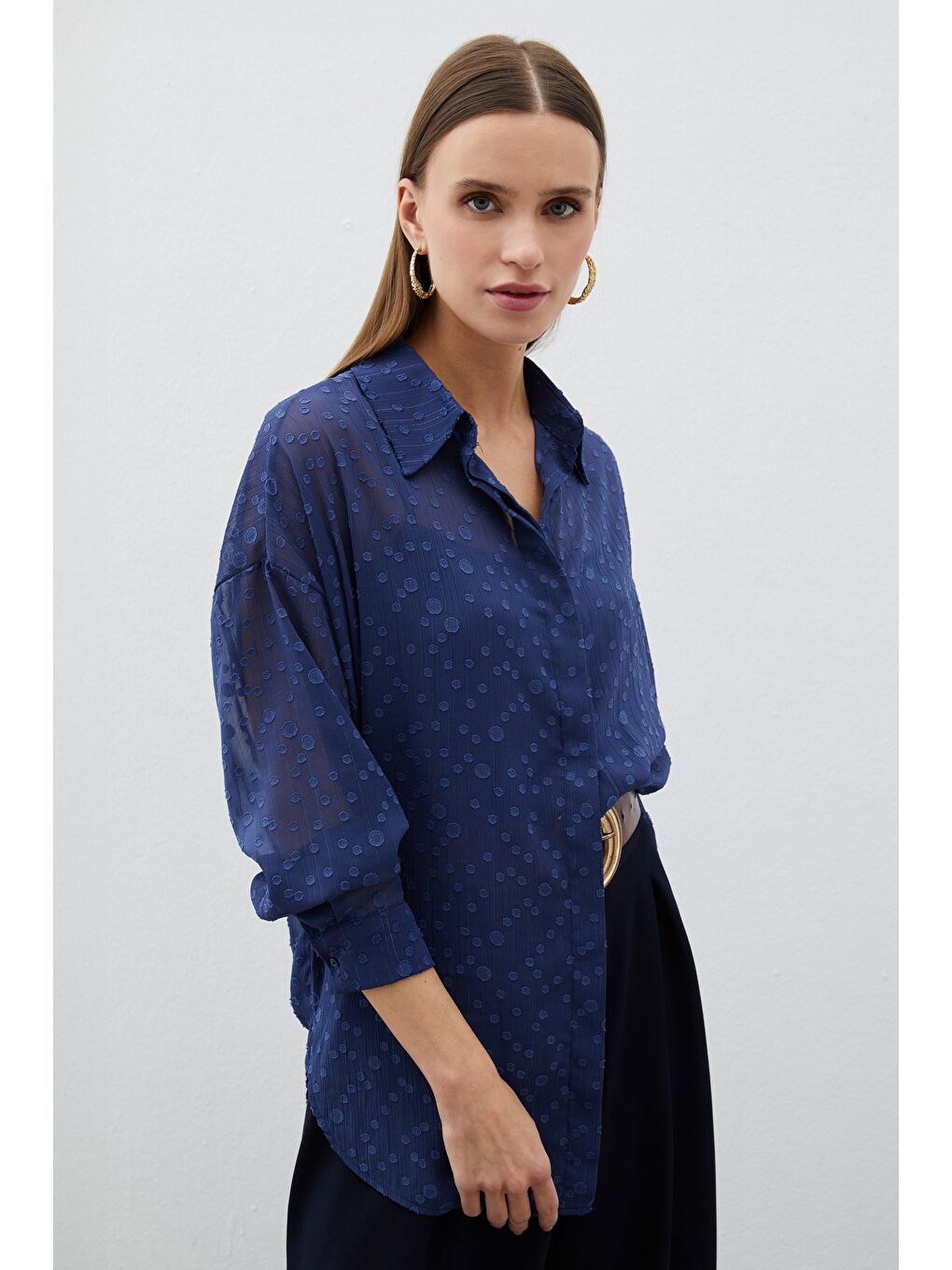 Desenli Uzun Gömlek - Lacivert-1
