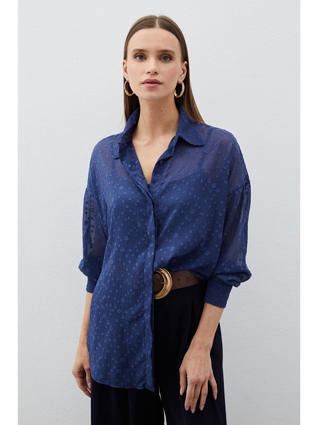 Desenli Uzun Gömlek - Lacivert-2