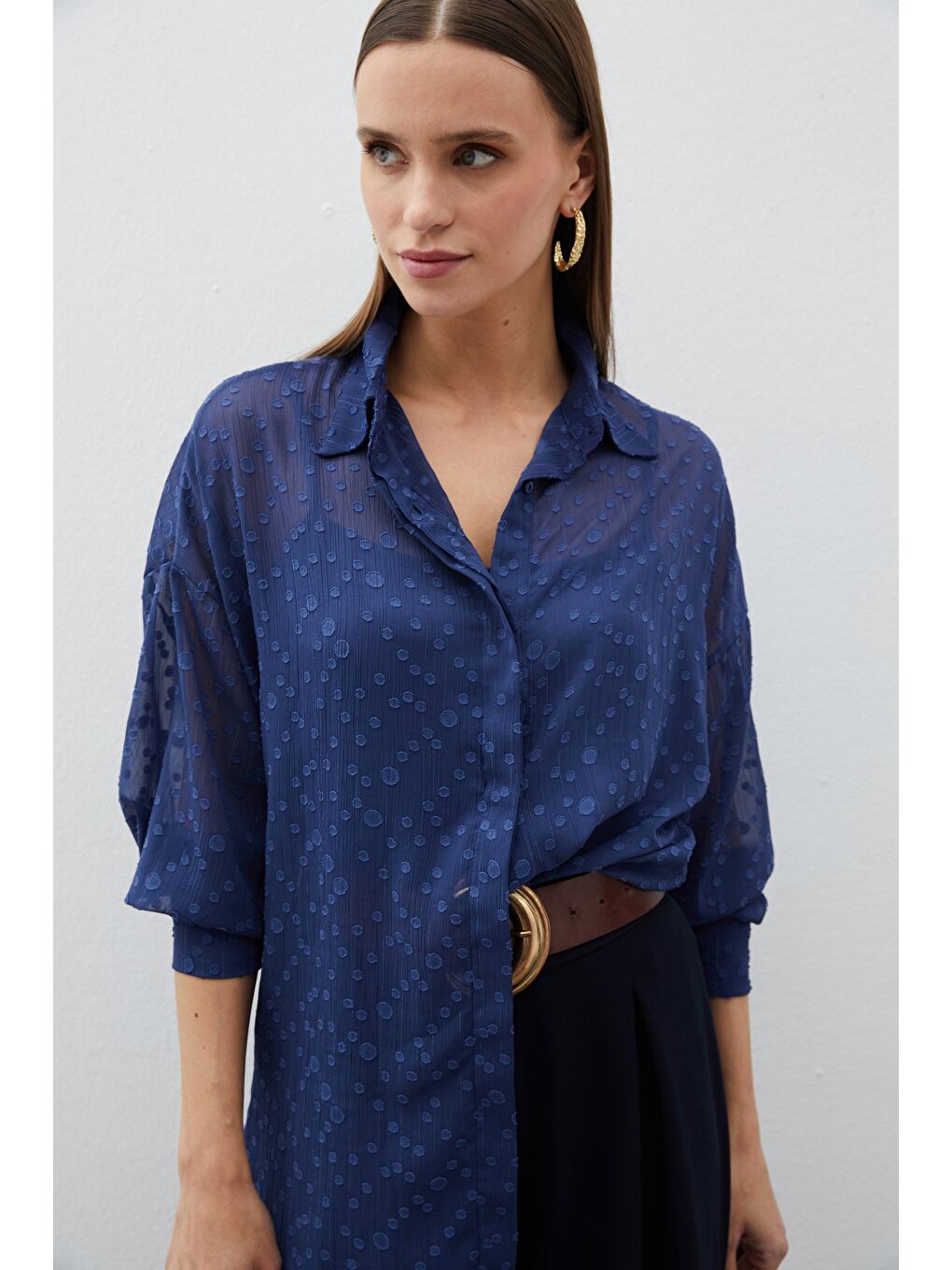 Desenli Uzun Gömlek - Lacivert-3