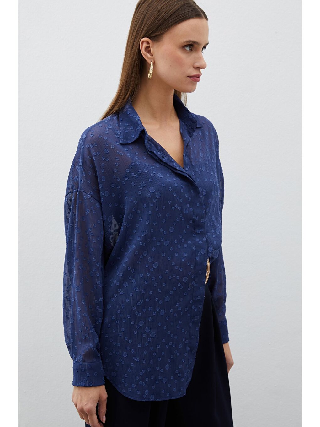 Desenli Uzun Gömlek - Lacivert-4