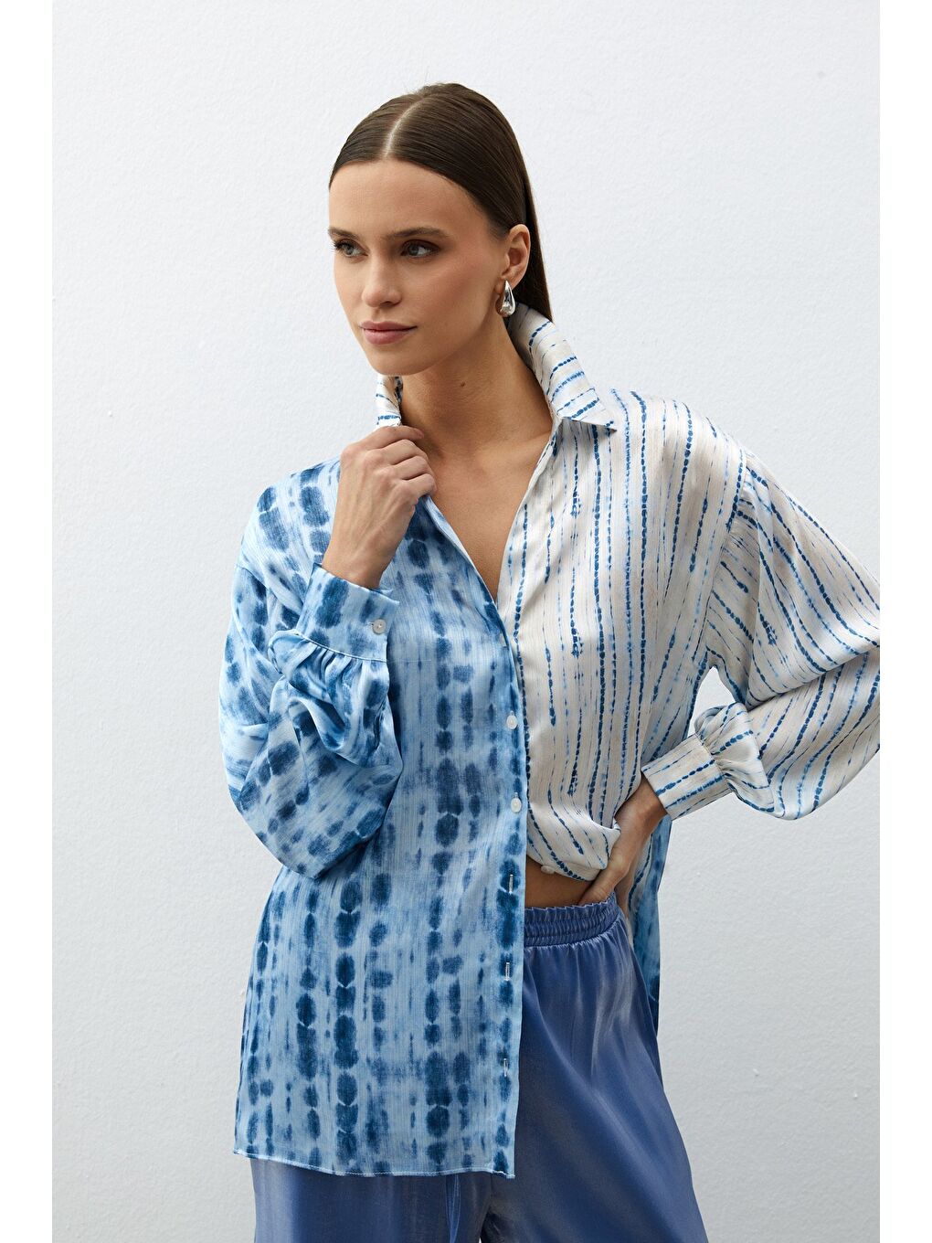 Balon Kol Desenli Gömlek - İndigo-1