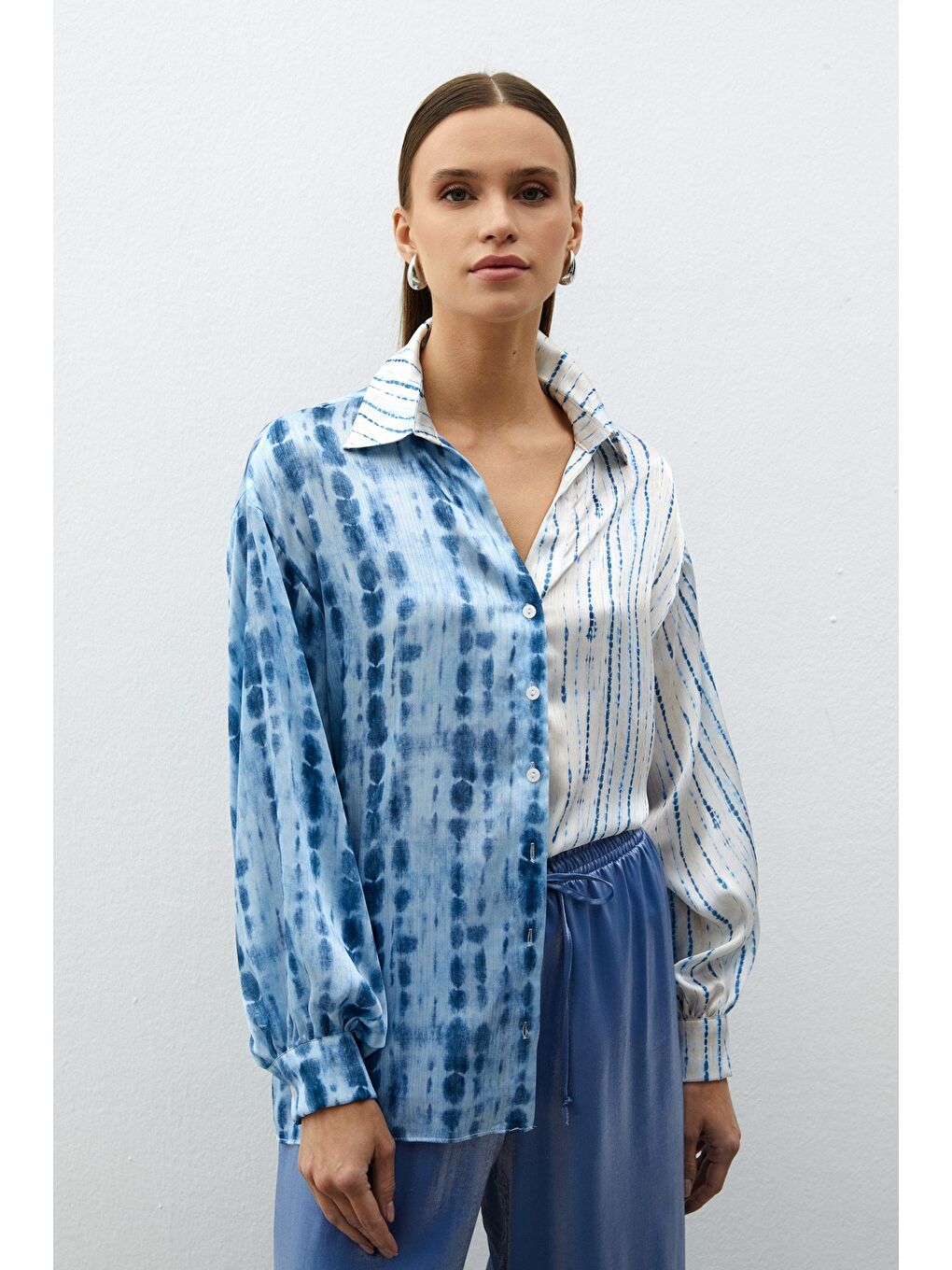 Balon Kol Desenli Gömlek - İndigo-2