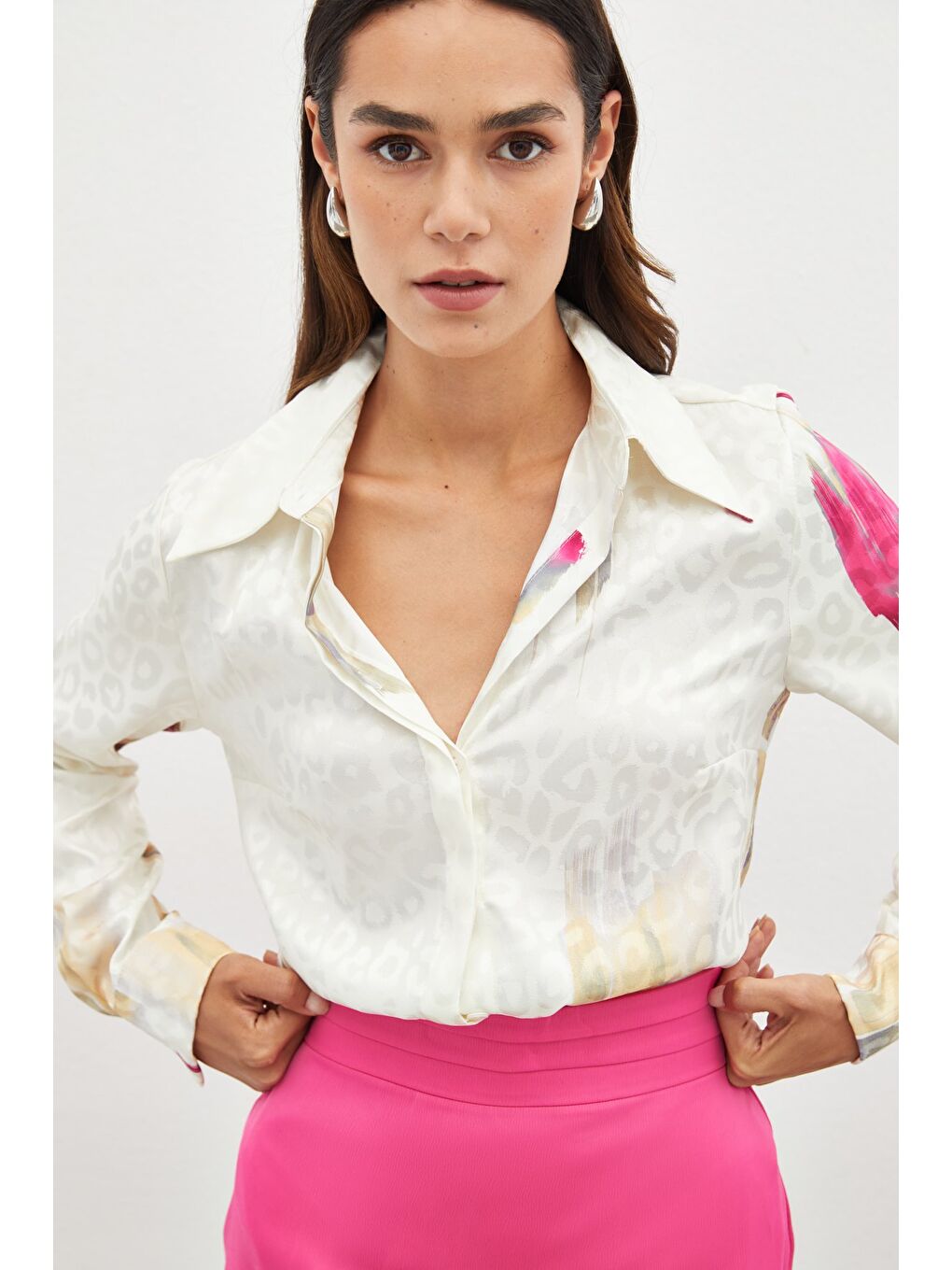 Desenli Salaş Gömlek - Fuşya-1