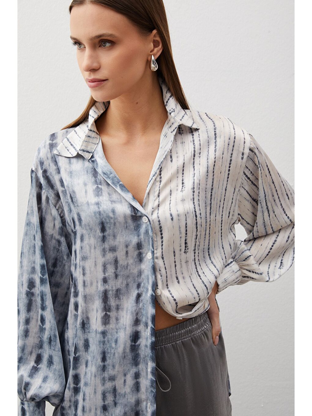 Balon Kol Desenli Gömlek - Gri-1