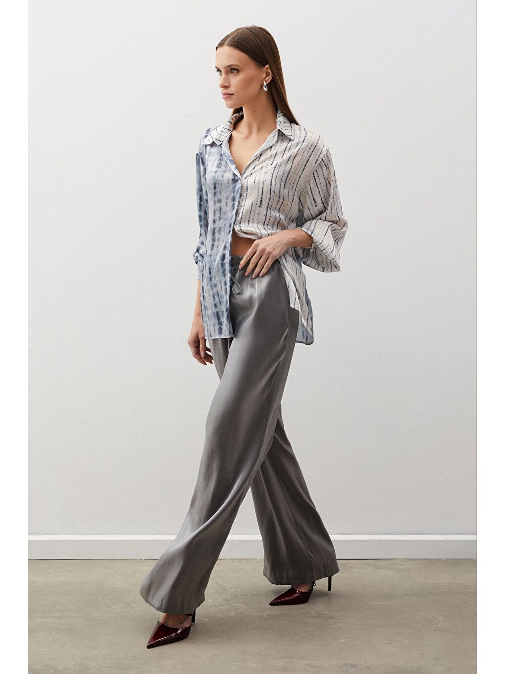 Balon Kol Desenli Gömlek - Gri-2