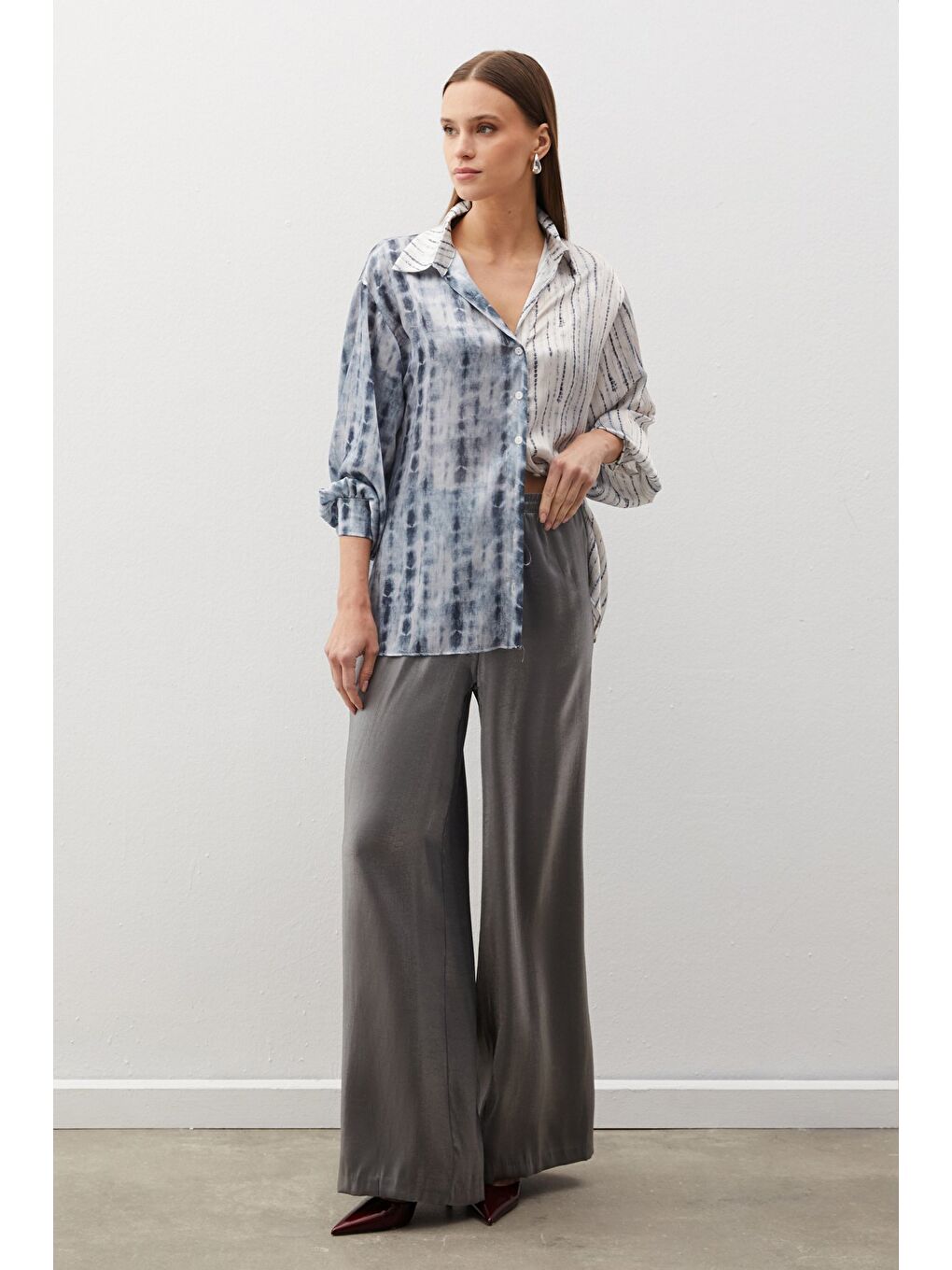 Balon Kol Desenli Gömlek - Gri-3