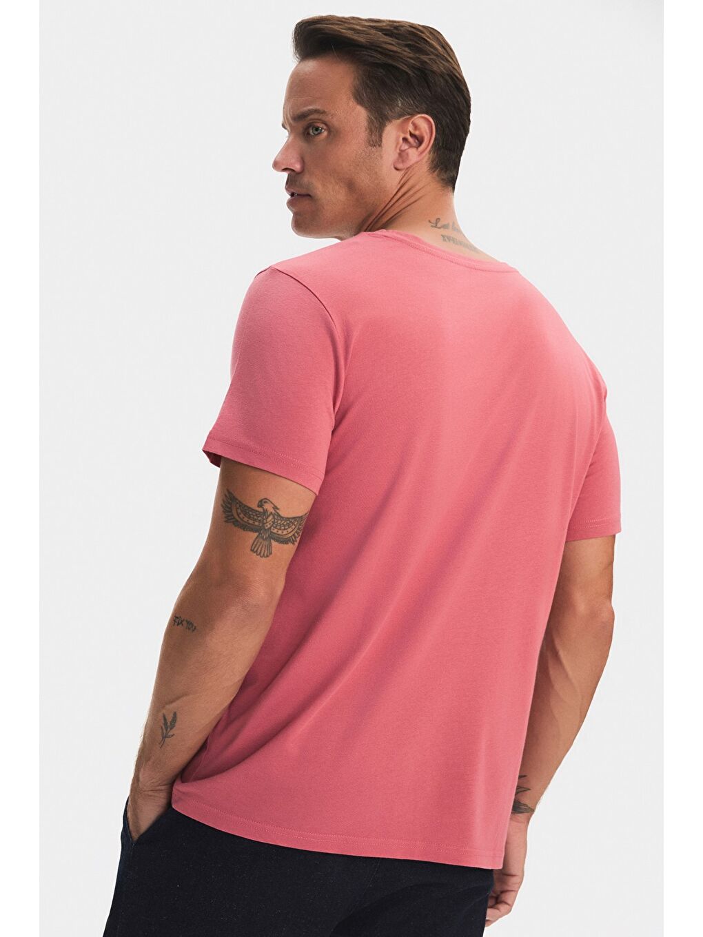 June Pembe V Yaka Kısa Kollu Basic Tişört - 4