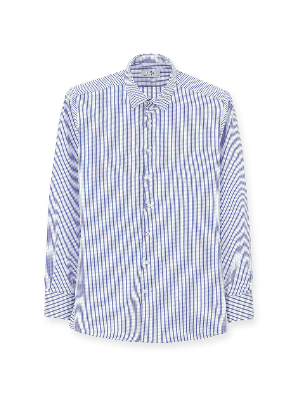 Lacivert Uzun Kol Slim Fit Dar Kesim Klasik Ekose Pamuk %100 Pamuk Gömlek-5