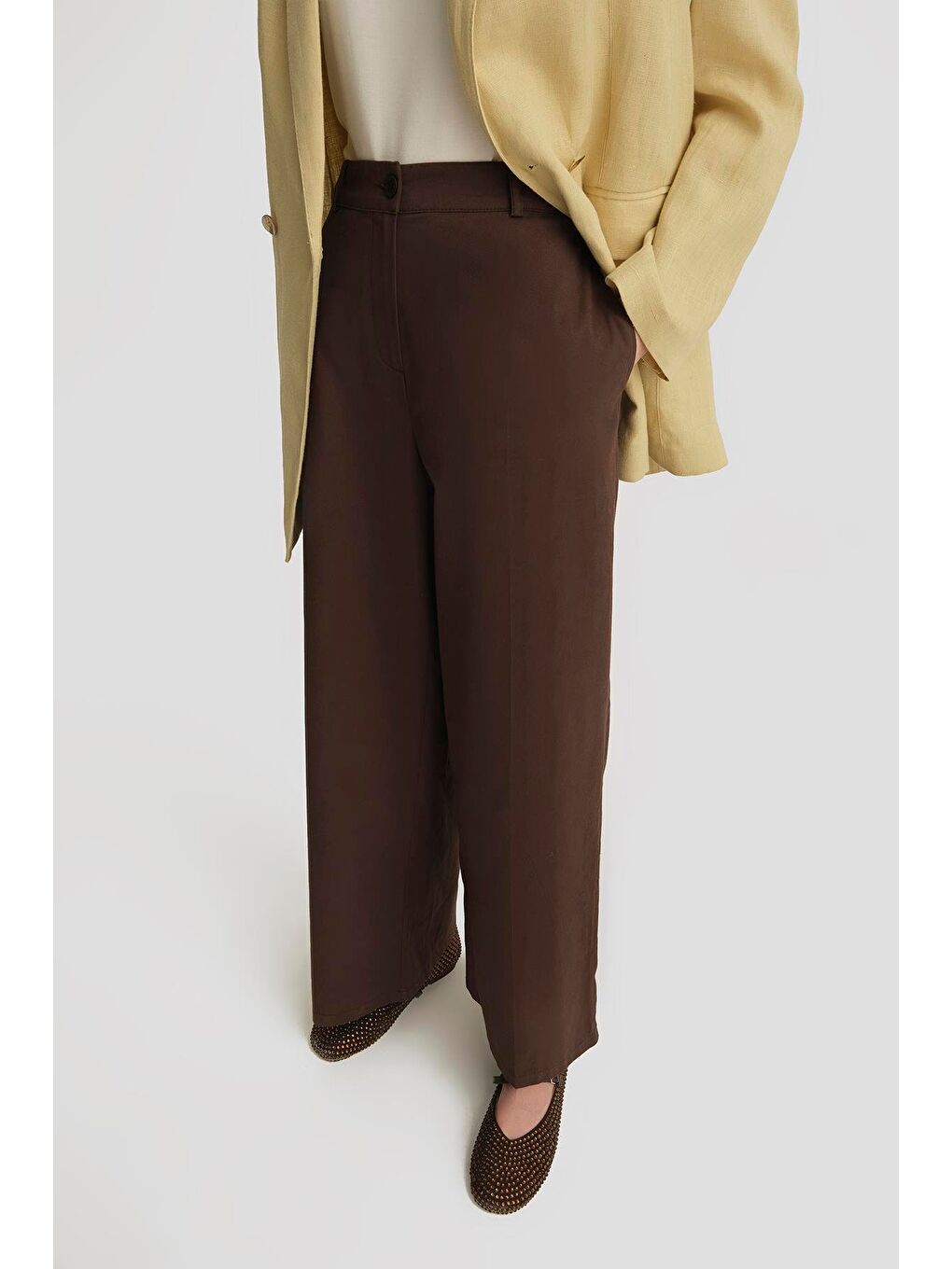 Kahverengi Yüksek Bel Palazzo Pantolon 25Y2812 Acı Kahve-2