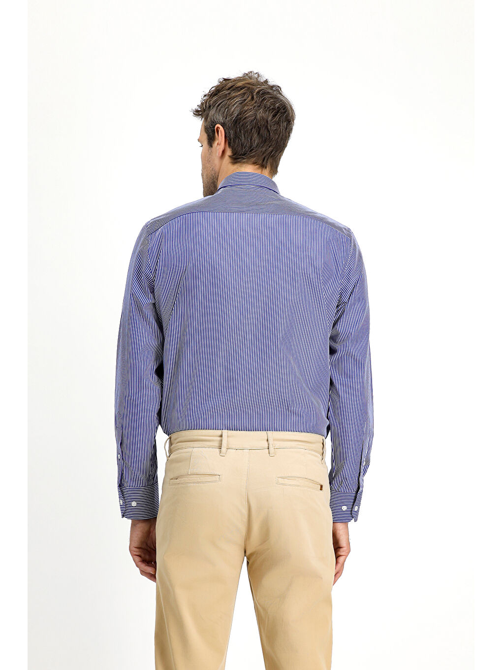 Lacivert Uzun Kol Klasik Çizgili Pamuk Gömlek-3
