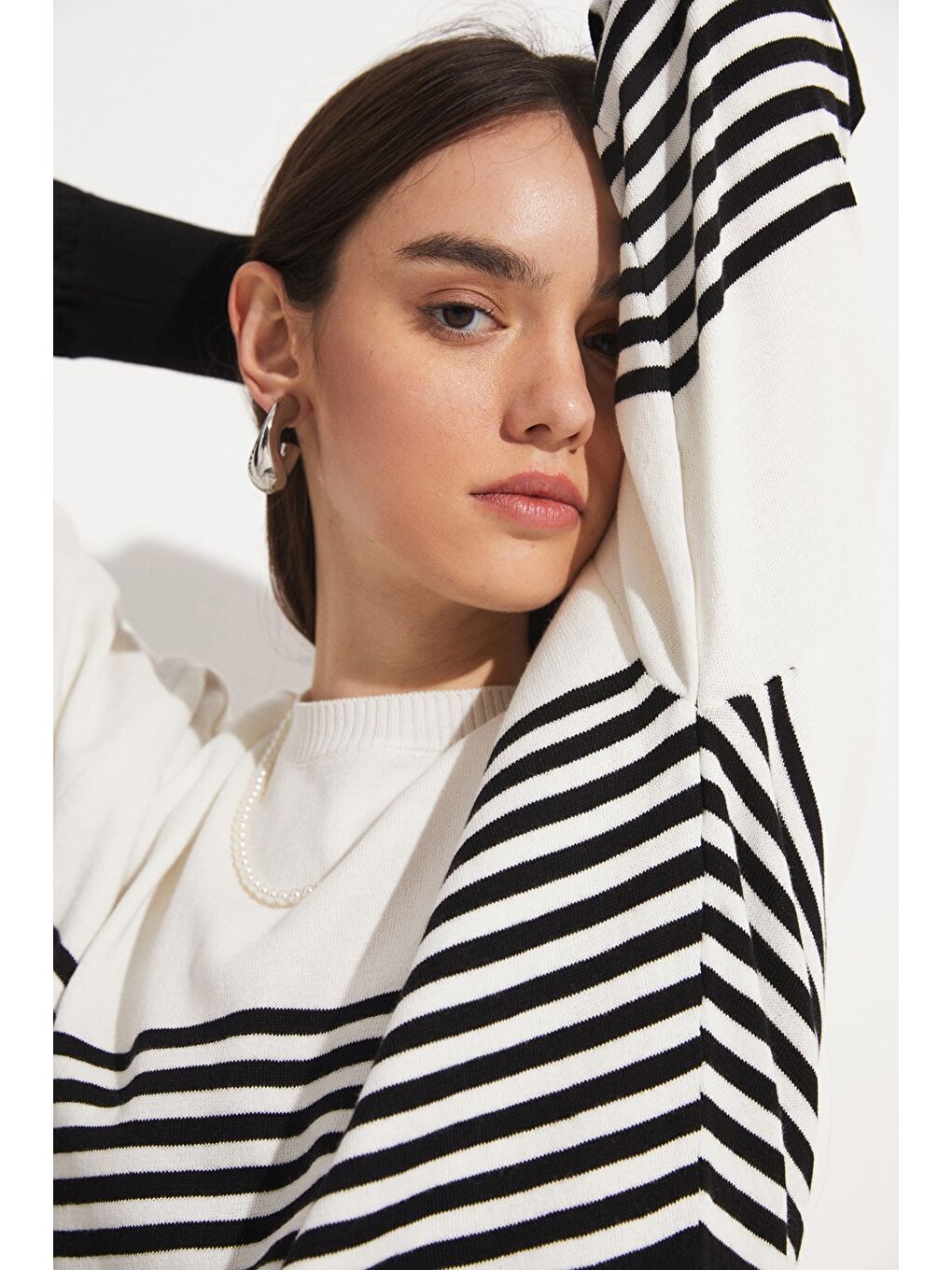 Lila Blok Renkli Çizgili Bisiklet Yaka Kazak-4