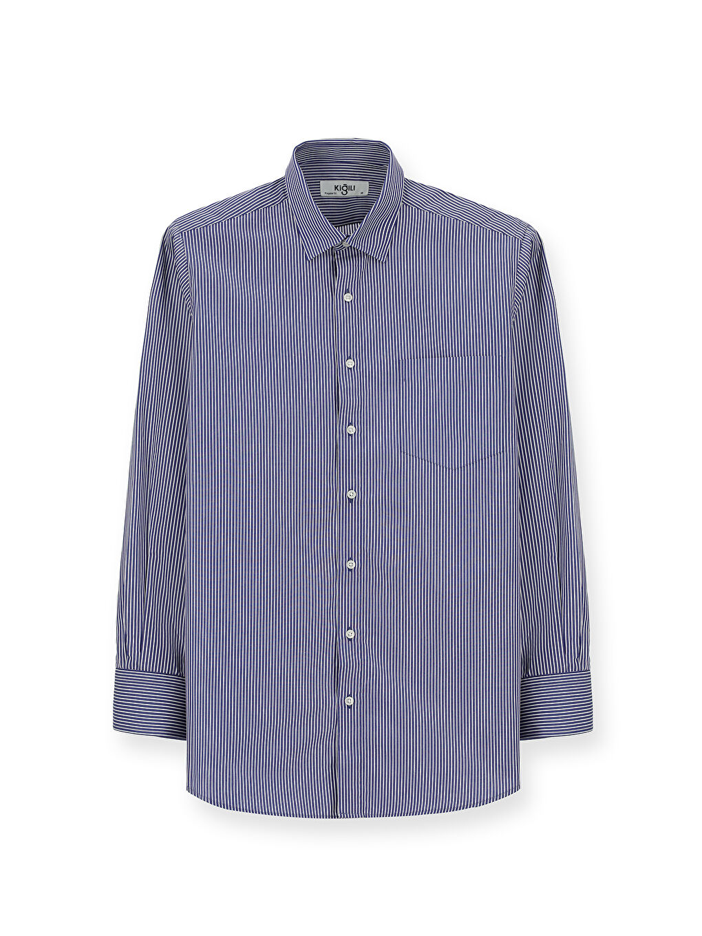 Lacivert Uzun Kol Klasik Çizgili Pamuk Gömlek-5