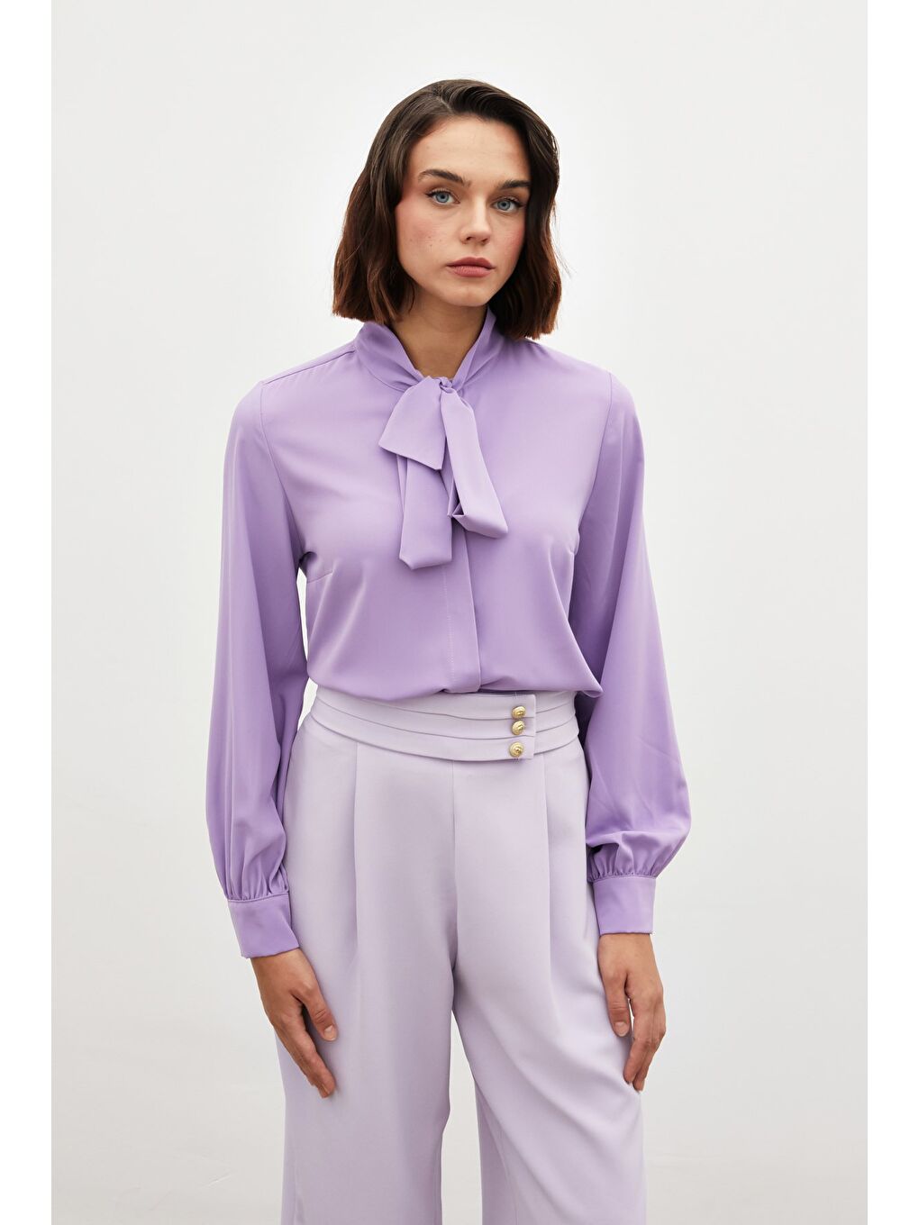 Yakası Bağlamalı Düz Gömlek - Lila-2