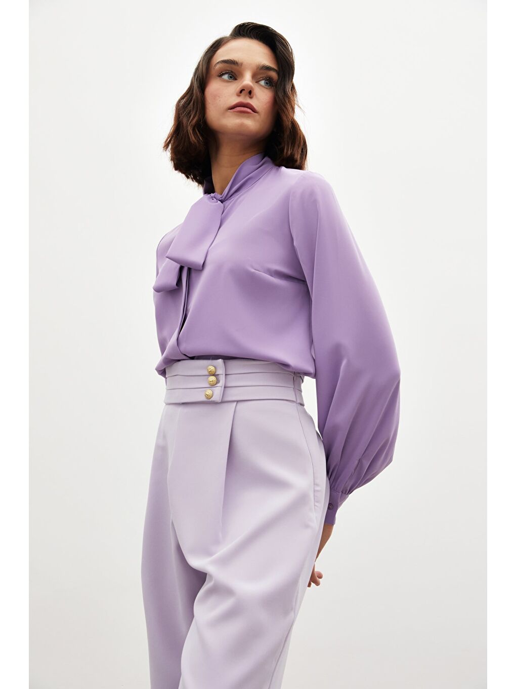 Yakası Bağlamalı Düz Gömlek - Lila-4