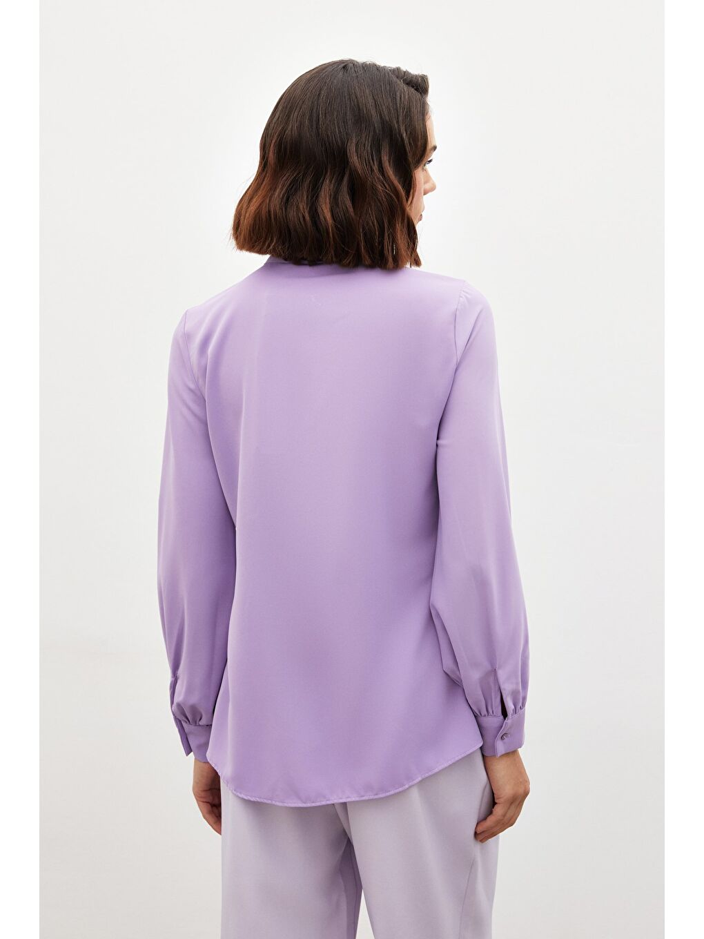 Yakası Bağlamalı Düz Gömlek - Lila-5