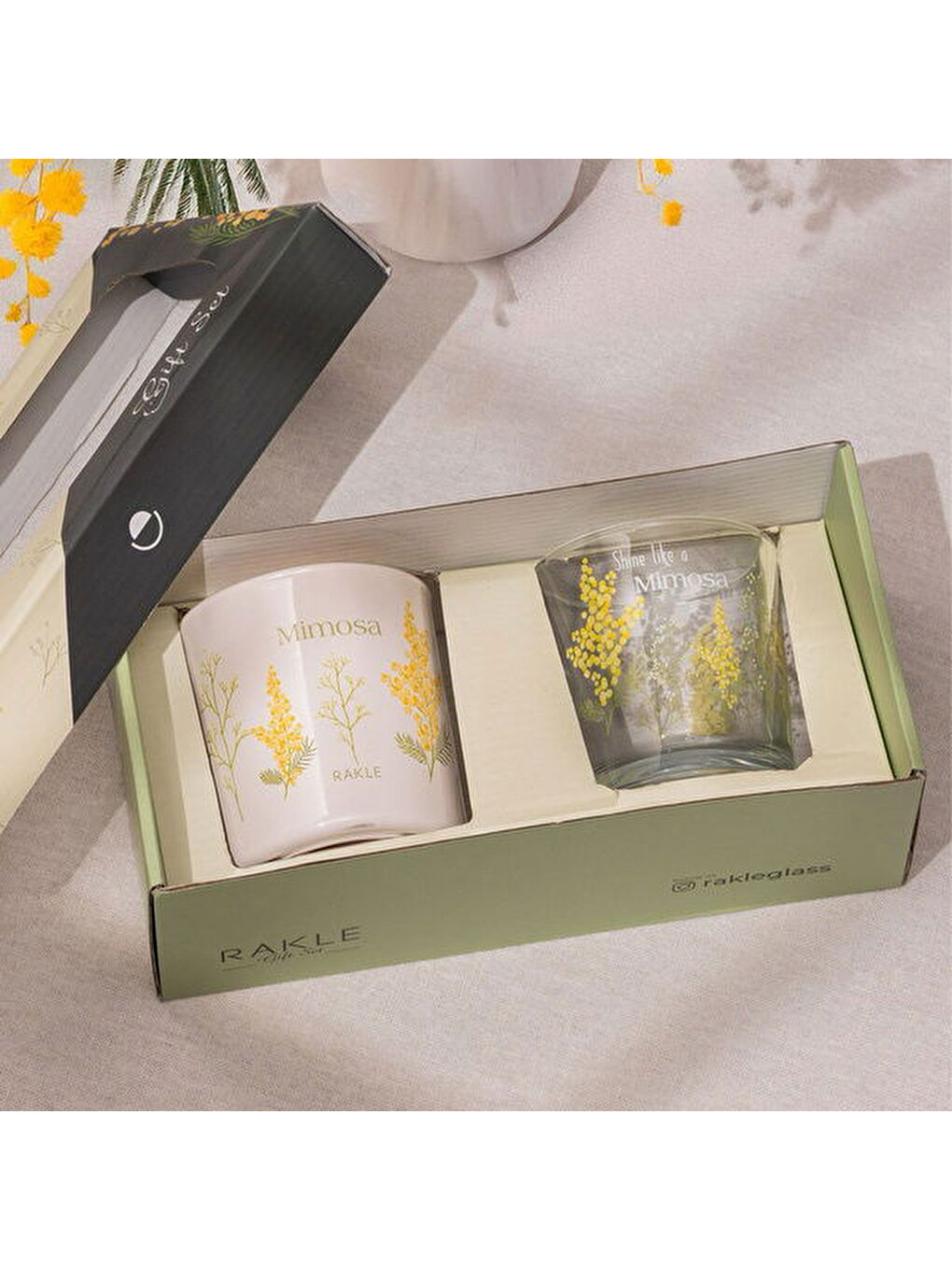 RAKLE Karişik Mimosa Kupa ve Mum Seti - Renkli - 250 ml - 4