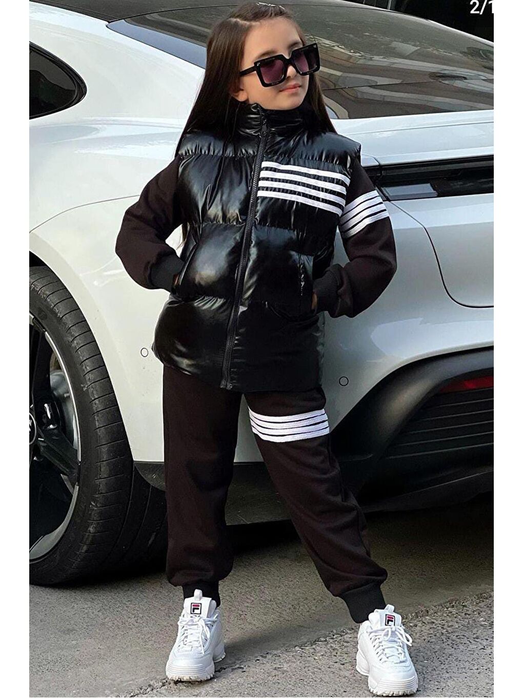 Kız Çocuk Şerit Detaylı Şişme Yelekli 3lü Siyah Eşofman Takım