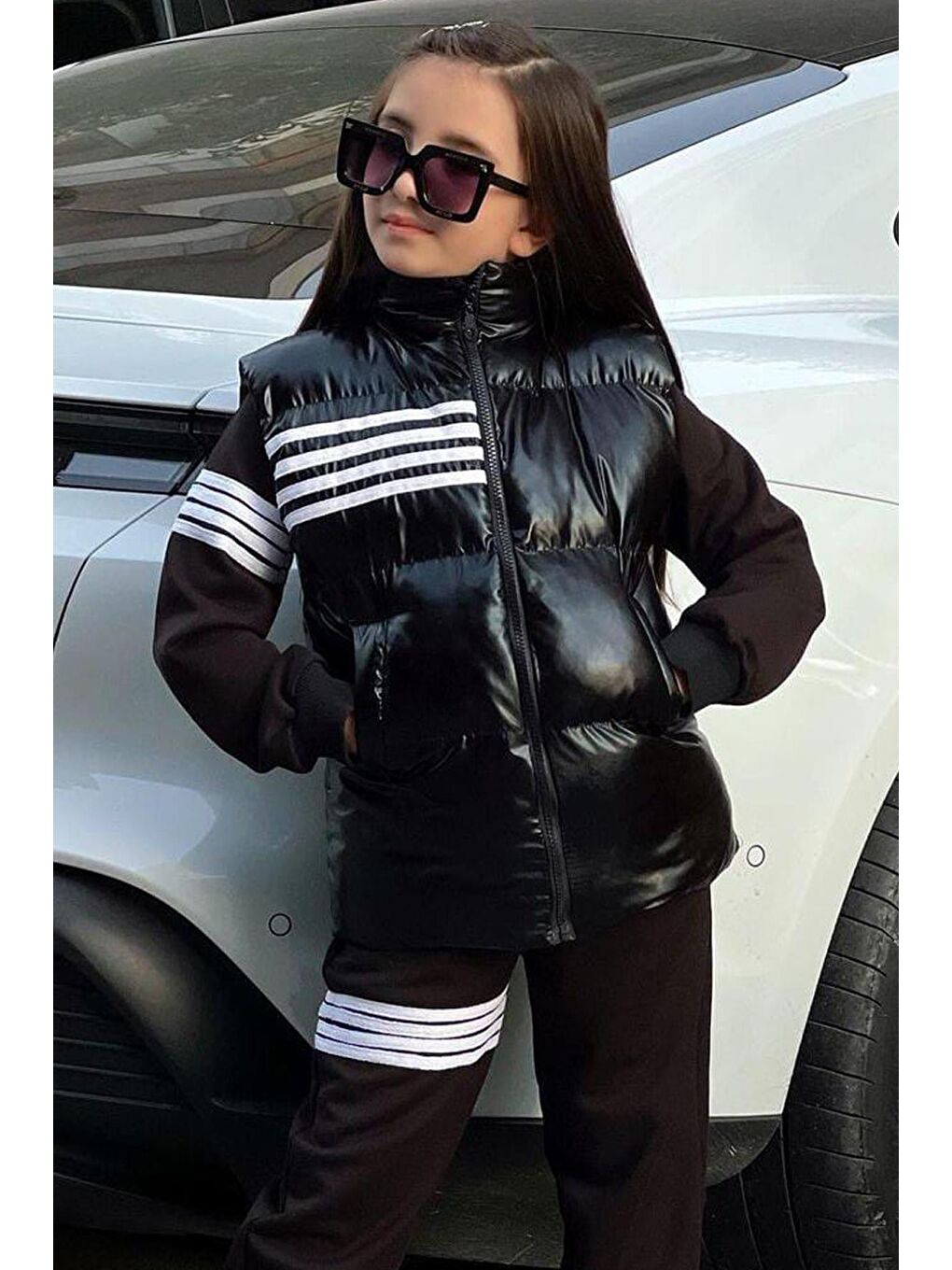 Kız Çocuk Şerit Detaylı Şişme Yelekli 3lü Siyah Eşofman Takım-3