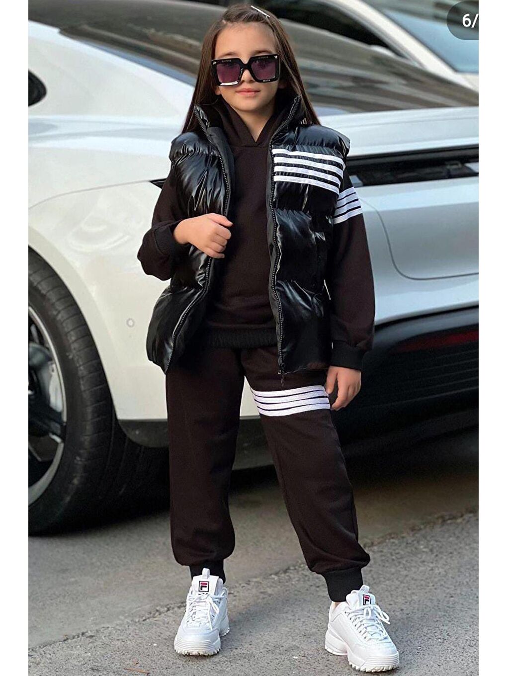 Kız Çocuk Şerit Detaylı Şişme Yelekli 3lü Siyah Eşofman Takım-4