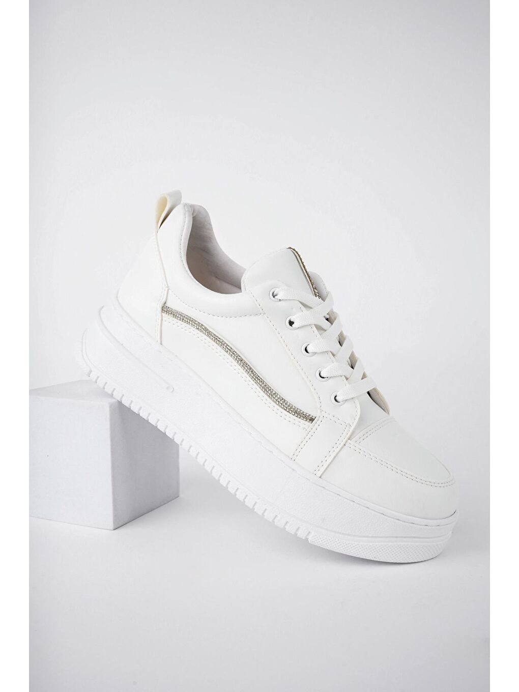 Beyaz Malavi Garantili Günlük Rahat Kalın Taban Bağcıklı Taşlı Kadın Sneaker Spor Ayakkabı-4