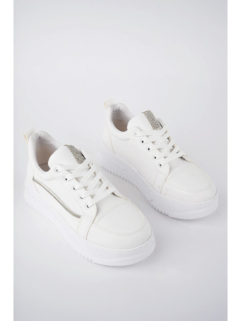 Beyaz Malavi Garantili Günlük Rahat Kalın Taban Bağcıklı Taşlı Kadın Sneaker Spor Ayakkabı-5