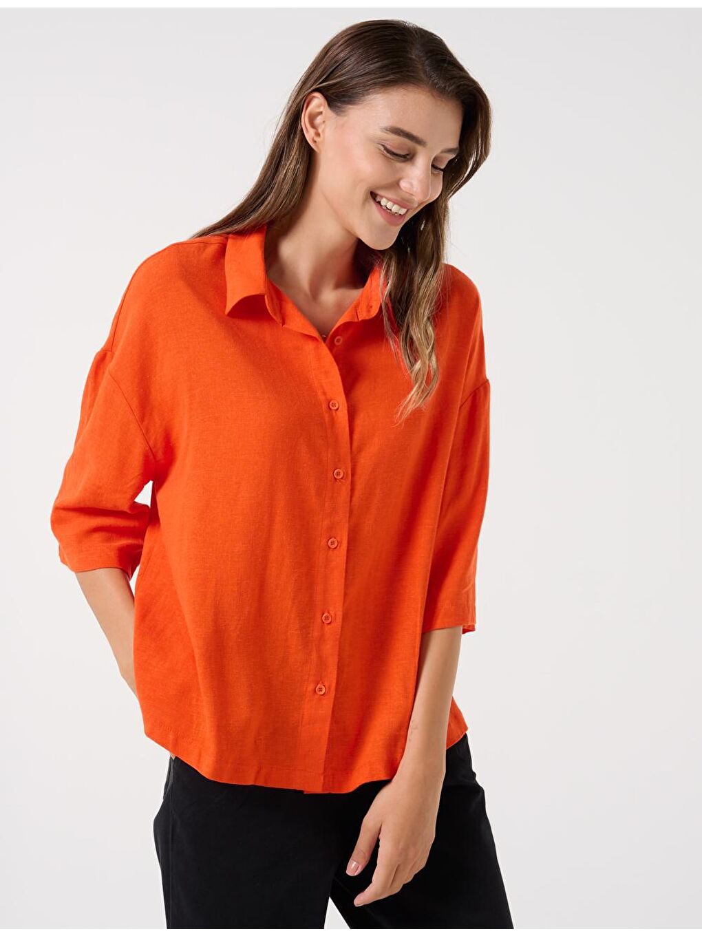 Turuncu Bol Kesim Truvakar Kol Keten Gömlek-1
