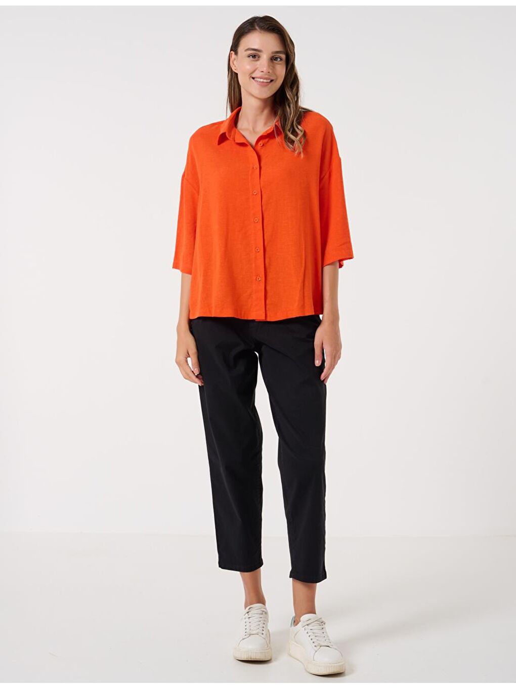 Turuncu Bol Kesim Truvakar Kol Keten Gömlek-3