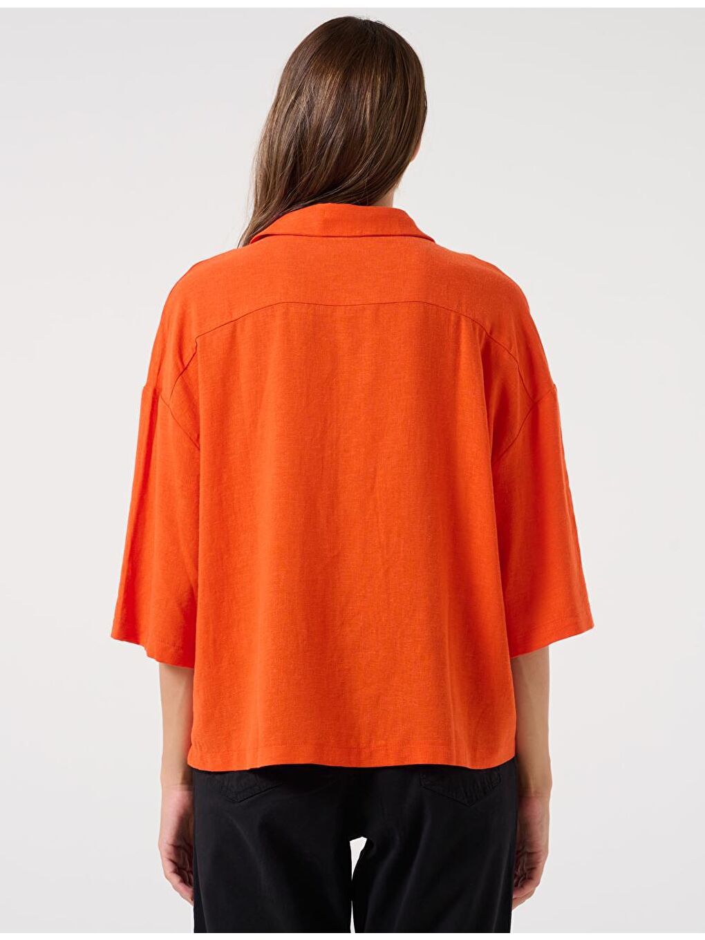 Turuncu Bol Kesim Truvakar Kol Keten Gömlek-4