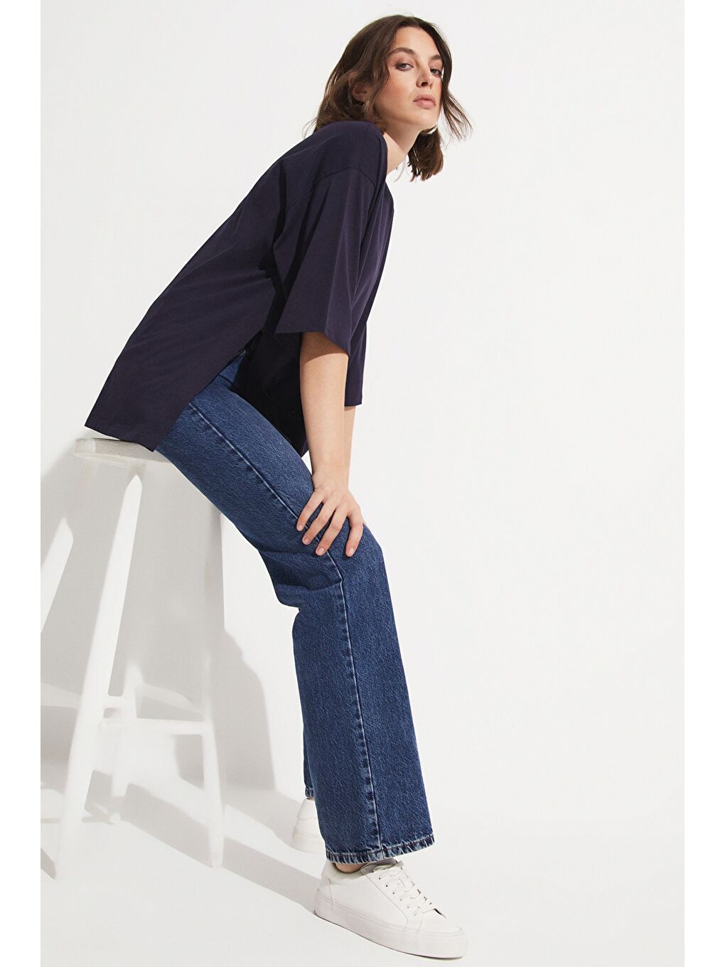 Lacivert %100 Pamuk Dökümlü Tişört-4