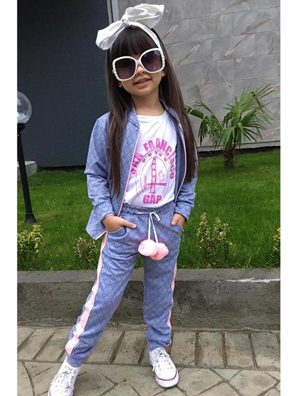 Kız Çocuk Arkası Yazı Baskılı Mavi Eşofman Takım