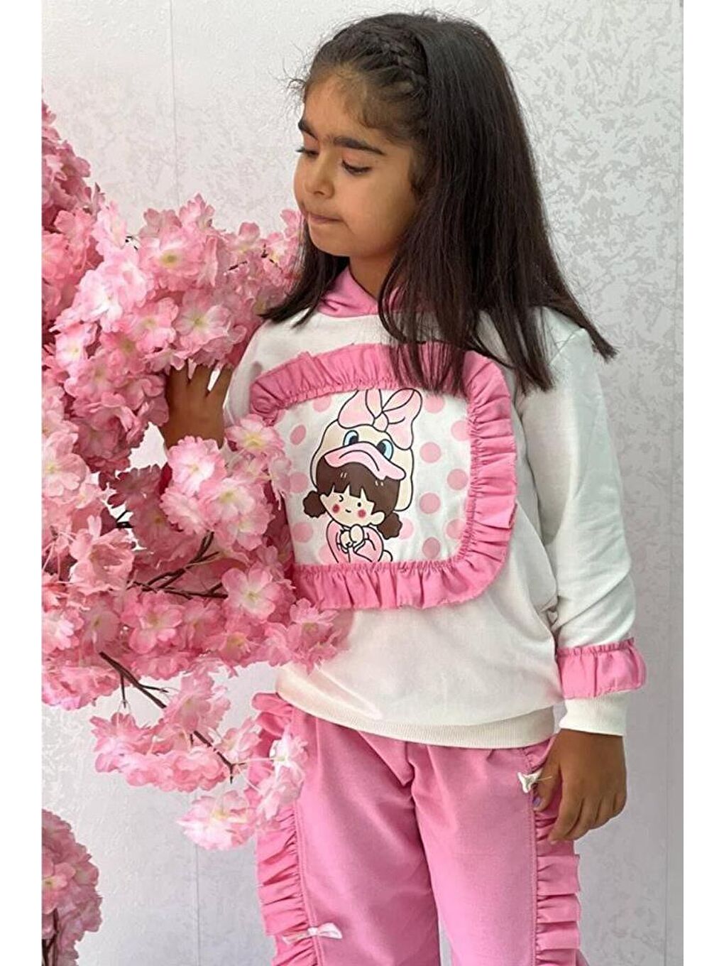 Kız Çocuk Ördek Baskılı Fırfır Detaylı Kapuşonlu Pembe Eşofman Takım-2