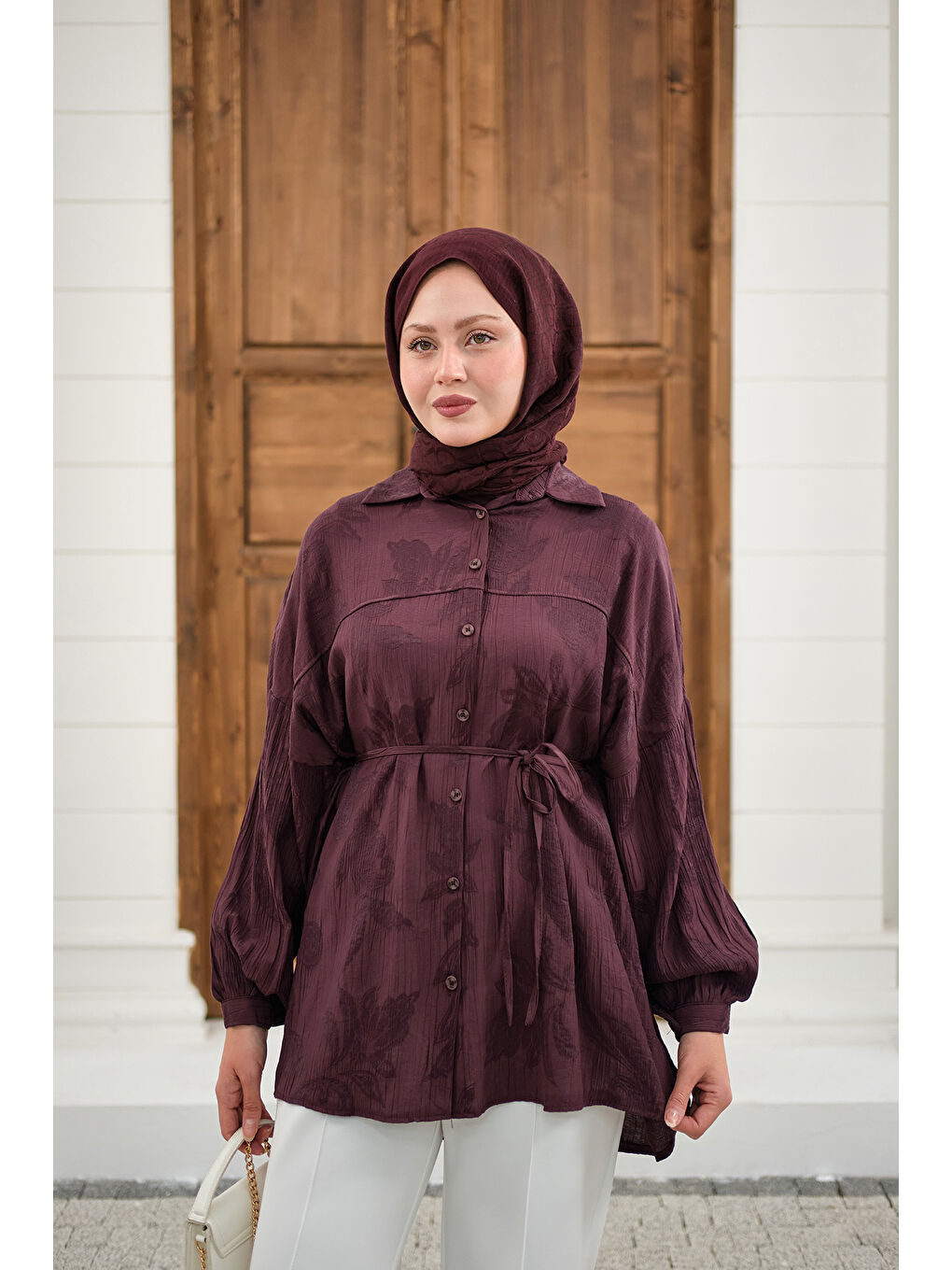 Kadın Yaprak Desen Bel Bağlamalı Gömlek Bordo-1