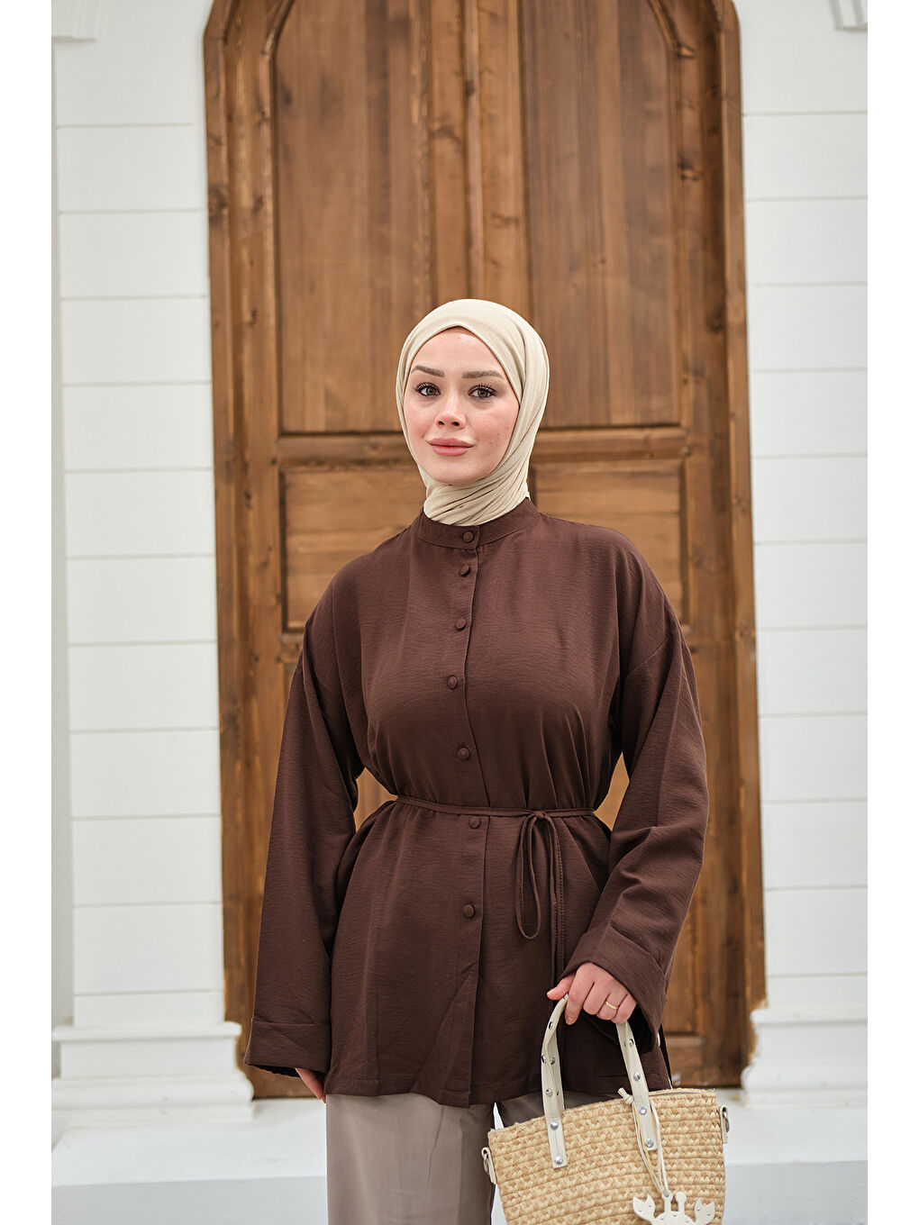 Kadın Duble Kol Yırtmaçlı Gömlek Kahverengi-1
