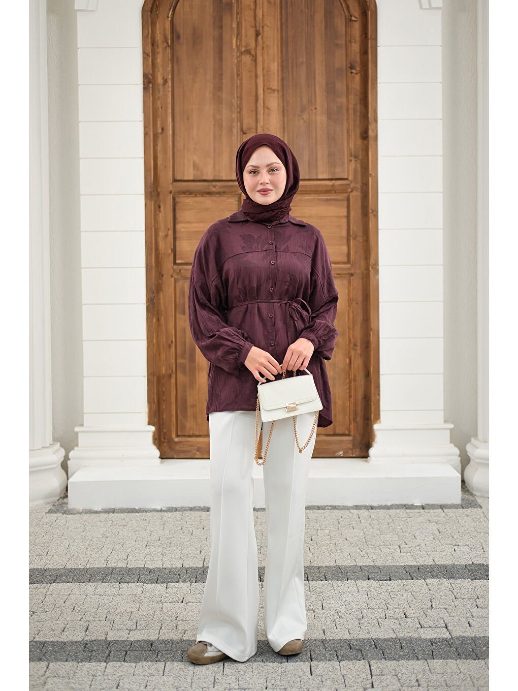 Kadın Yaprak Desen Bel Bağlamalı Gömlek Bordo-2