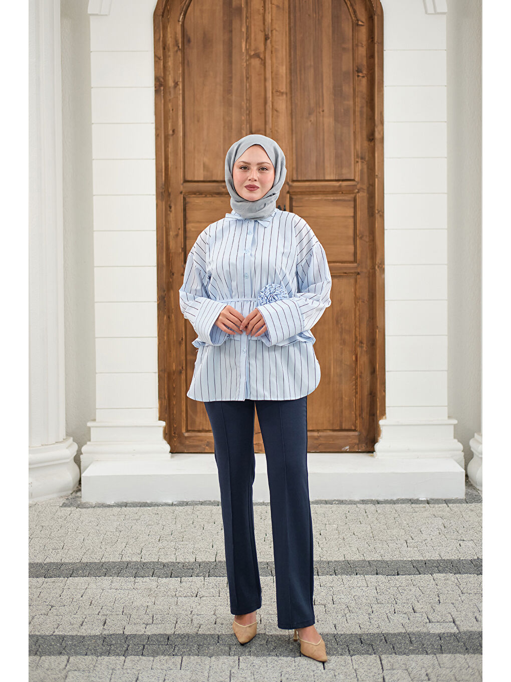 Kadın Büzgülü Bel Bağlamalı Çizgili Gömlek Bebe Mavi-2