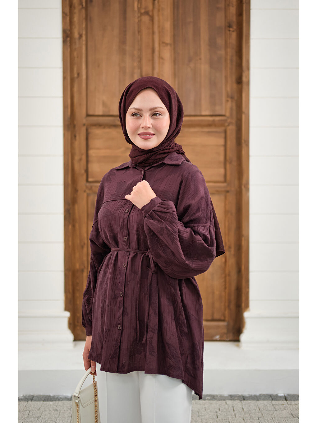 Kadın Yaprak Desen Bel Bağlamalı Gömlek Bordo-3