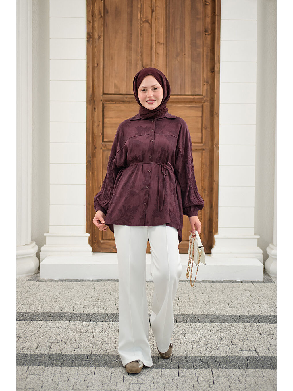 Kadın Yaprak Desen Bel Bağlamalı Gömlek Bordo-4