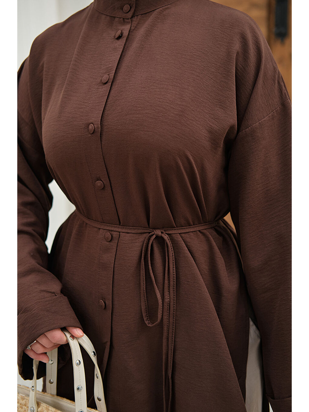 Kadın Duble Kol Yırtmaçlı Gömlek Kahverengi-4