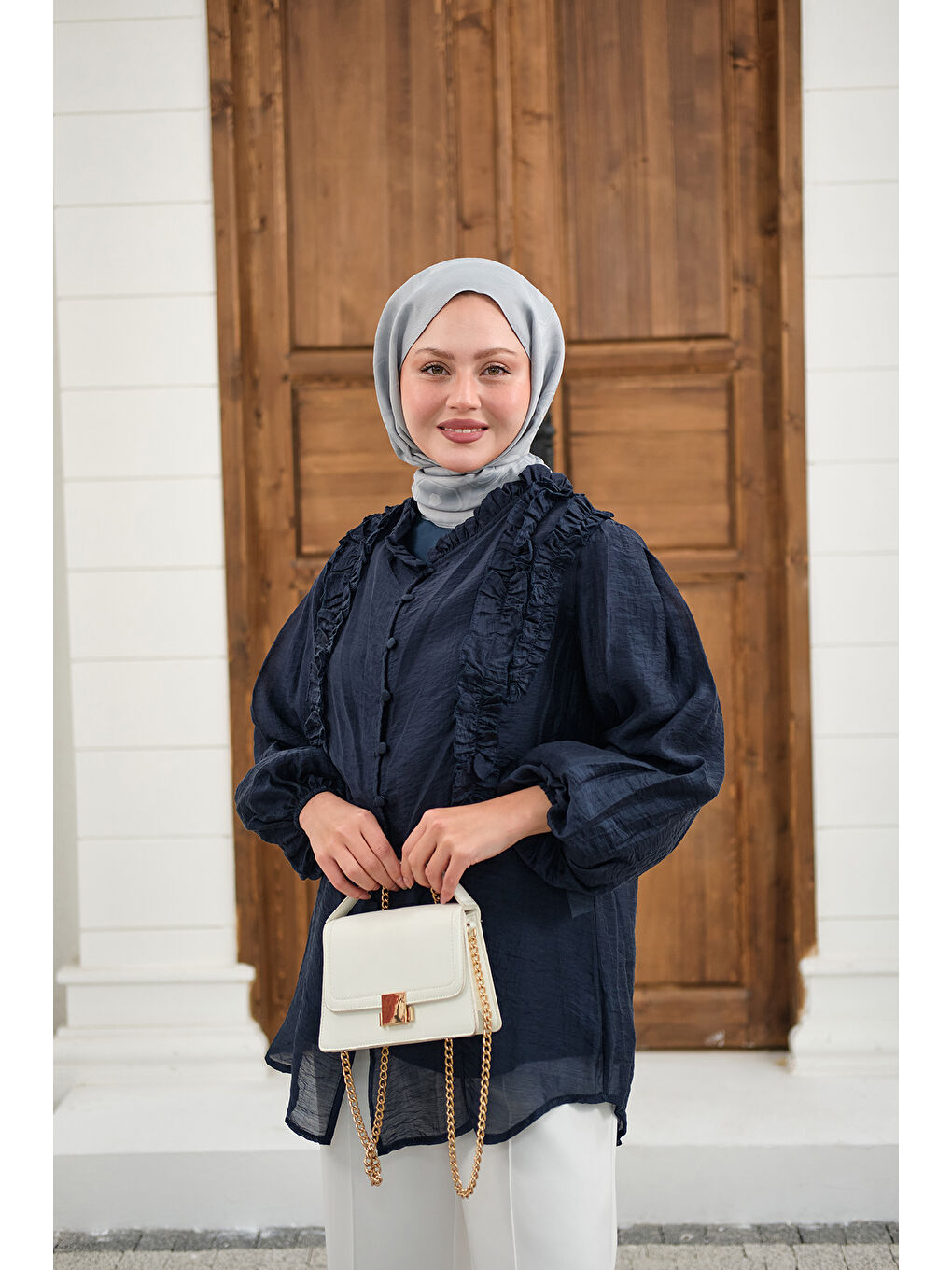 Kadın Yaka Büzgülü Gömlek Lacivert-1