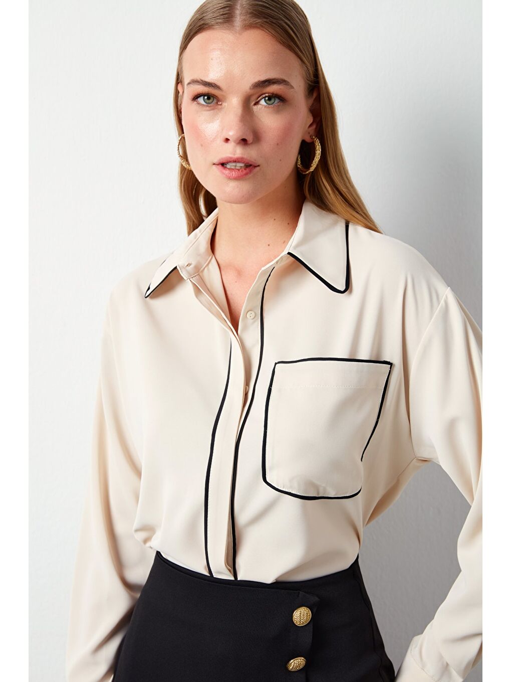 Cep Detaylı Salaş Gömlek - Bej-4